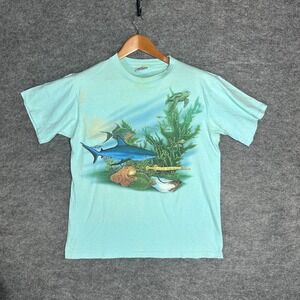 Harlequin Vintage Ocean Life Shark Turtle Fish T Shirt Large Made in USA